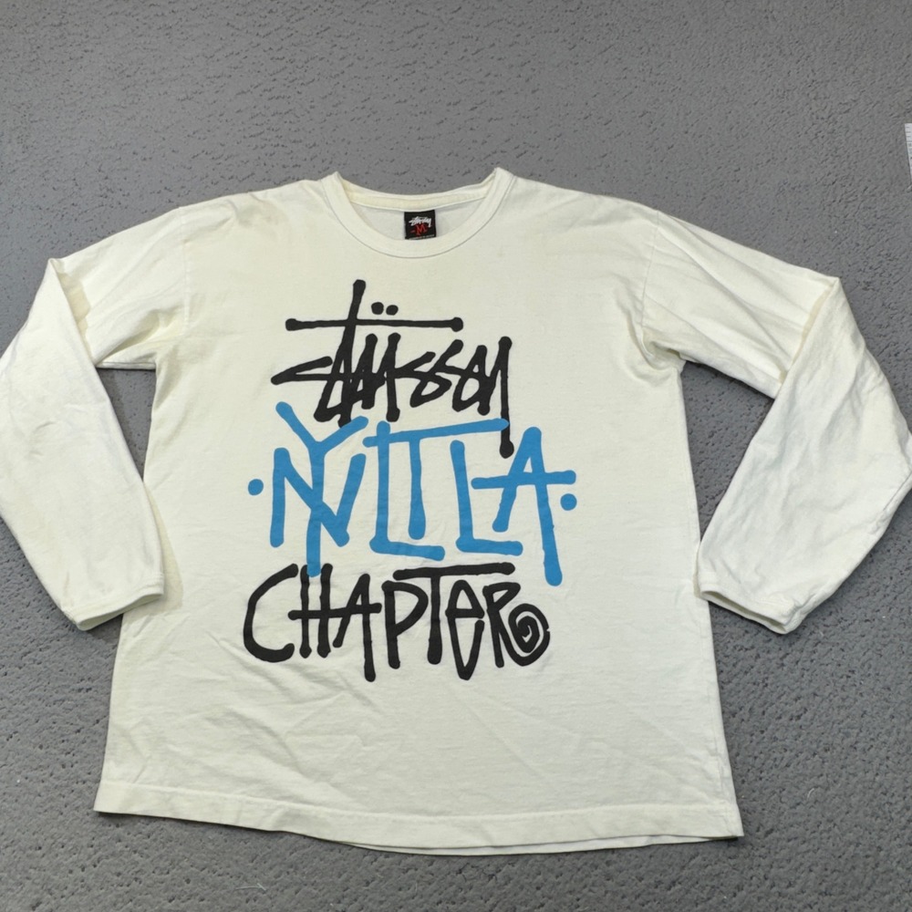 Vintage Stussy Shirt Mens Medium White Long Sleeve Graphic NYLTLA Chapter Y2K